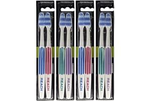 REACH Essential Care Interdental Firm Toothbrush, Duo Pack x 4, Full Head Hard Bristle Manual Toothbrushes, Variety Colors Multipack, Daily Oral Enamel Dental Care Blue+red, Green+Purple