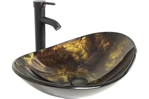 YU YUSING Waschbecken Glas Aufsatzwaschbecken Waschtisch, Oval Hand Waschschale mit Wasserhahn Set, Waschplätze für Badezimmer Küche Gäste WC, Modern Golden, 53.3x35x16 cm