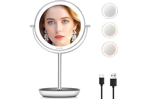 ‎AUXMIR Auxmir Kosmetikspiegel LED Beleuchtet mit 1/10X Vergrößerung, 3 Lichtfarben und Stufenlos Dimmbarer Helligkeit, Wiederaufladbarer Tischspiegel Schminkspiegel für Zuhause, Silber
