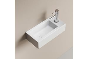 EMKE Umywalka wisząca 365 x 180 x 90 mm - kompaktowa i elegancka umywalka do małych łazienek i toalet dla gości - kran z prawej strony, montaż ścienny, jasny biały