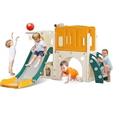 hoopyosms Kids Slide with Platform &amp; Tunnel, Green | 7-in-1 Slide &amp; Activity Center with Platform, Tunnel, Basketball &amp; Toy T