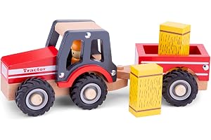 Woet Traktor i trä med släp och 2 höstackar | Bondgårdsfordon, Leksakstraktor i trä, Släp, Bondgårdslekset, Rullande leksak