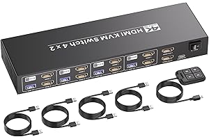 SEIRYRUC HDMI KVM Switch 2 Monitors 4 Computers, USB 3.0 4K@60Hz Dual Monitor HDMI KVM Switch for 4 PCs to Share 1 Set of Keyboard, Mouse, Two Monitors and Other USB Devices