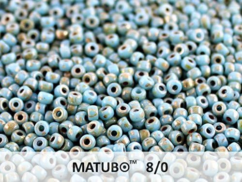 8/0 Matubo - 10 Gr (About 300 Pcs), Czech Glass Seed Beads 3.1mm Color: Turquoise Blue Picasso