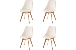 Baroni Home Chaises de Salle à Manger Style Scandinave, Chaise de Cuisine et de Bureau avec Pieds en Bois, Chaise Ergonomique avec Coussin Intégré, 57x48x79 cm, Blanc, 4 pièces