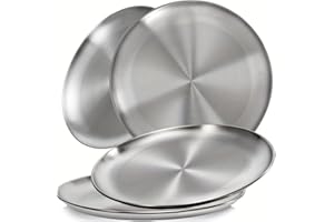 KHstylehoo Lot de 4 assiettes rondes en acier inoxydable - Diamètre : 20 cm - Pour camping, pique-nique, randonnée, cuisine, fête