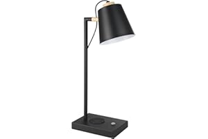 EGLO Lampa stołowa LED Lacey, lampka nocna z funkcją ładowania QI, lampa stołowa, dotykowa, ściemniana, wykonana z drewna, kolor naturalny, metal w kolorze czarnym i kremowym, lampa stołowa do