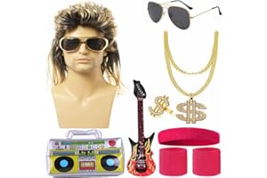 Edmirfun Déguisement Années 80 Homme,Accessoires Disco,Perruque Afro,Or Signe de Dollar Collier,Radio Gonflable,Lunettes de Soleil,Bandeau,ProtèGe-Poignets,Costumes Homme pour Carnaval et Fête à Thème