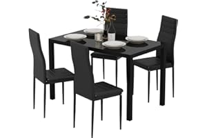 Jooli H Black Dining Table and Chairs Set 4, Glass Kitchen Table with 4 Faux Leather Upholstered Metal Chairs Modern Dining Room Sets for Home