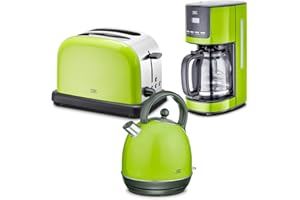 KHG Frühstücksset Wasserkocher, Toaster & Kaffeemaschine Lime-Grün, Kessel-Kocher 1,7 Liter, 360° Sockel, Kalkfilter, 2 Toastscheiben, 6 Röststufen, Funktionstasten, 12 Tassen, LCD-Display mit Timer