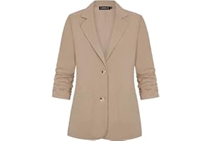 LADI TREND Womens 3/4 Ruched Sleeve Cotton Linen Blazer Lightweight Summer Outerwear Elegant Jackets Suits with Buttons Pockets