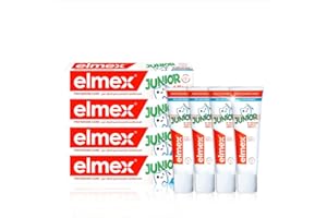 elmex Dentifricio Junior 6-12 Anni per Bambini 4x75ml | con Fluoruro Amminico | Protegge i Denti Dei Bimbi dalla Carie | Dentifricio Anticarie per Denti Permanenti | 0% Coloranti