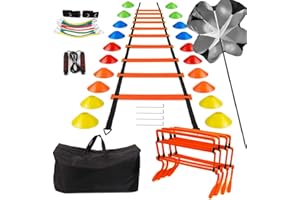 YHOTOGEA Fussball Trainingszubehör, Koordinationsleiter 6m mit 20 Hütchen, Einstellbar Hürden, Springseil, Widerstandsbänder, Widerstandsschirm,Fussball Trainingsset,Fussball Geschenke Jungen