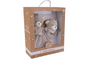 DODO D'AMOUR - Coffret Doudou Carré et Hochet - Ours - 037190 - Beige - Polaire - Naissance - Peluche - Bébé - 29 cm x 22 cm - À Partir de 0 mois