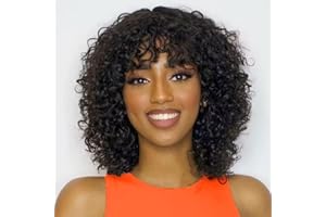 VANMAST Perruque Femme Naturelle Brésilien Bouclée De Cheveux Humain Avec Frange Sans Colle Curly Bob Wig With Bangs Human Hair Glueless Wig No Lace Bouclée Perruque Femme Courte Noir Naturel 12 Pouces
