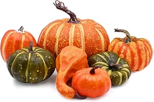 ADQUATOR 7pcs Orange and Green Artificial Pumpkins,Autumn Decoration Fake Pumpkins for Thanksgiving Halloween Christmas Festival Decorations