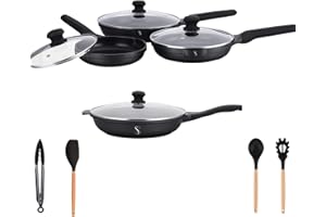 Stone&Stone Set di 4 padelle 20cm 24cm 28cm 32cm super antiaderente | induzione gas | alluminio acciaio padella professionale batteria con rivestimento tedesco + 4 coperchi 4 utensili priva di PFAS