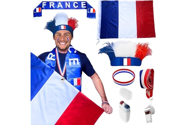 Générique Kit Supporter Equipe de France 6 Accessoires - 1 Drapeau Francais + 1 Bandeau Perruque + 1 écharpe + 1 Maquillage Bleu Blanc Rouge + 1 Bracelet + 1 sifflet avec Cordon Tricolore