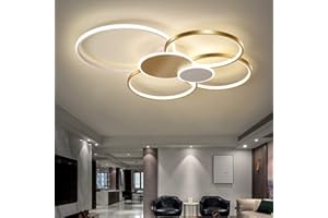 JINWELL Nowoczesna lampa sufitowa LED, duża, do salonu, ściemniana, z pilotem zdalnego sterowania, okrągłe pierścienie, kreatywne, metalowe, akrylowe, oświetlenie do jadalni, sypialni, złota, 100 cm/98 W