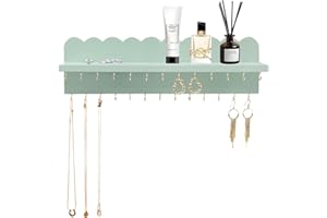 Lampaggio Wall Mount Jewelry Organizer with 26 Hooks and Cosmetics Shelf, Modern Wood Hanging Jewelry Holder for Necklaces, Bracelets, Earrings and Rings, Green