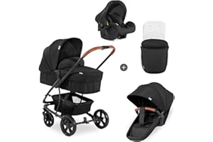 Hauck Poussette 3 en 1 Combinée Pacific 4 Shop N Drive, Inclus Siege Auto Bebe, Nacelle Bébé Transformable en Siège et Couvre Jambe, Assise Réversible, Grandes Roues, Charge Maximale 25 kg, Noir