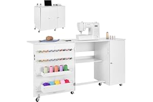 VEVOR Folding Sewing Table, Multipurpose Sewing Machine Table with Cabinet, Compact Design, Wheels, Wooden Pegs, Storage Trays and Shelf, Magnetic Door, Craft Station and Side Desk for Home, White