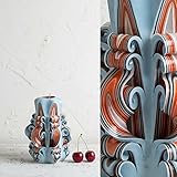 Klein, Weiß und Orange - sanfte Farben - dekorativ geschnitzte Kerze - EveCandles