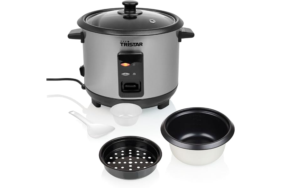 Tristar Olla Arrocera 1 L, Hasta 5 Raciones, Carcasa de Acero Inoxidable, Recipiente Antiadherente, Bandeja de Vapor, Fu
