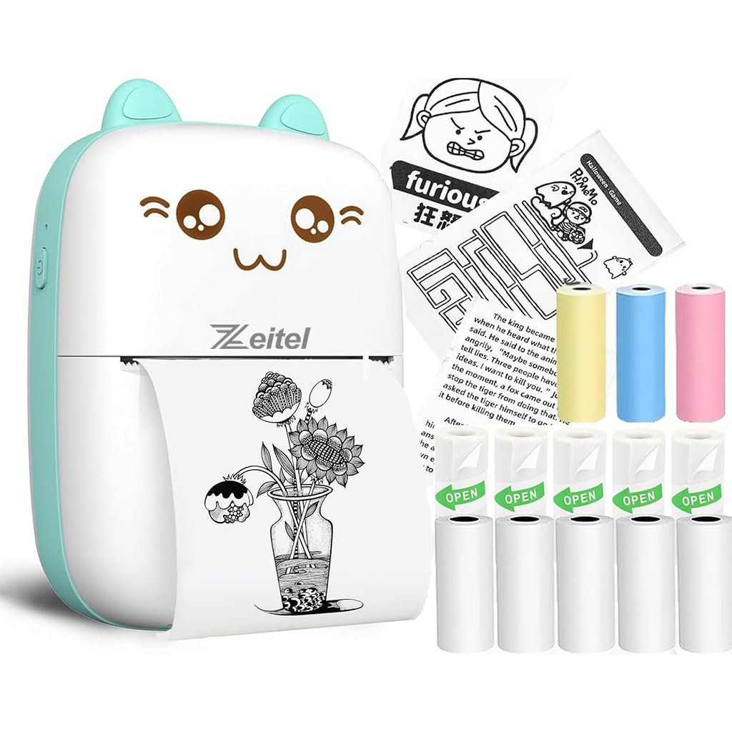 Zeitel® Mini Bluetooth Thermal Printer, Portable Label Printer Inkfree Printer for Android & iOS System, Black on White Thermal Printer with 13 Roll of Print Paper, Stickers, Blue