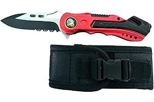 Albainox couteau sapeur pompier pliant rouge avec son étui ceinture, brise vitre, coupe ceinture, scie couteau de secours, urgence, paramedical. robuste