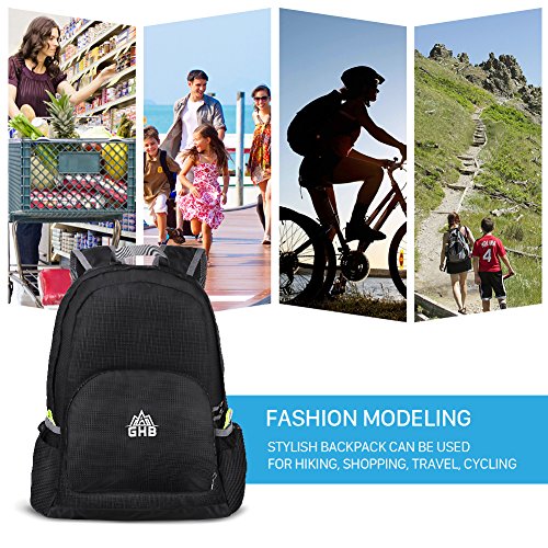 GHB Faltbarer Rucksack Ultraleicht Rucksack 25L Daypack,Leichter Faltbarer Rucksack für Männer, Frauen und Kinder für Outdoor Wandern Camping Reisen – Schwarz - 3