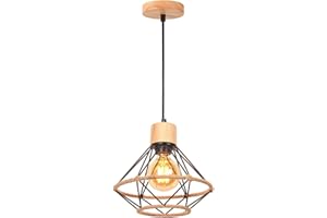 TOKIUS Lámpara Colgante Vintage 22CM Retro Lámparas de Techo en Madera Hierro Jaula con Cuerda de Cáñamo Negro Luz Colgante E27 Iluminación de Techo para Dormitorio Cocina Salón (Colgante 1 Luz)