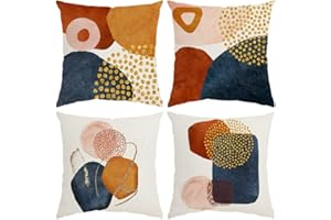 QUALKNOY Set of 4 Velvet Cushion Covers 16x16 inches - Burnt Orange Modern Abstract Art Decorative Throw Pillow Cases 40x40 cm for Living Room Sofa and Outdoor Decor Pillowcases