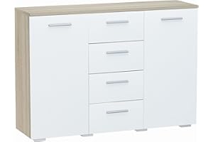 MATKAM Komoda do sypialni z szufladami i drzwiami – kredens do salonu, wys. 84 x szer.: 120 x gł. 35 cm, komoda z 5 szufladami i 2 drzwiami, szafa komodowa do sypialni, dąb Sonoma, biały