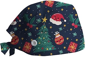 PAIDAXING Unisex Scrub Cap Surgical Cap Chef Hat Adjustable Cotton Printed Surgical Cap Work Cap Kitchen Hat for Women Men Doctors for Christmas