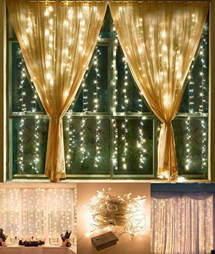 Vorhänge beleuchtet KingTop Lichterkette 3 m * 3 M 304 LEDs 8 Modi Licht-Vorhang Icicle für Dekoration Innen, Außen, Schlafzimmer, Hochzeit, Weihnachten, Abend, Party [Energieeffizienzklasse A +] Warmweiß