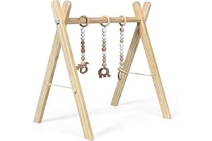 GOPLUS Palestra per Bambini in Legno, Palestrina Pieghevole di Legno con Altezza Regolabile per Bimbi, Trapezio Palestrina con 3 Giocattoli Sensoriali da Afferrare (Legno)