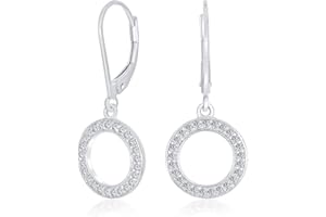 BLING JEWELRY Elegant Geometric CZ Round Open Circle Dangle Drop Stud Earrings in Rose, Yellow Gold or Silver Plated in Brass or .925 Sterling Silver Baguette Cubic Zirconia for Bridals Women Secure Lever Back