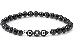 THAJALING Braccialetto in pietra preziosa di onice nero naturale Braccialetto con alfabeto perlina in corda elastica Lettera Papà Regalo di compleanno di Natale per il padre
