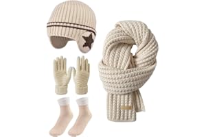 KDFSSIPE Conjunto Invierno áRtico Gorro Punto Guantes Lana Calcetines Para Nieve Gorro Punto Con PompóN Rosa Ribetepiel de Zorro Bufanda CáLida Calcetines Hasta Pantorrilla Con ProteccióN
