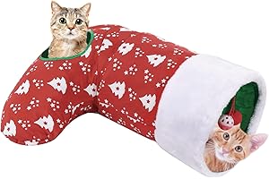 Pawaboo Cat Tunnel Christmas Sock with Bell Balls, Upgraded 2 Way Cat Tunnel Interactive Toy, Pet Xmas Stocking with Crinkle Paper & Strong Spring-steel Frame for Cat Kitten Kitty, Red Christmas Tree