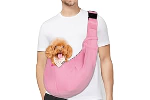 PETLOFT Sac de Transport pour Chien, Réversible Sling Bandoulière Réglable, avec Crochet de Collier pour Chiot/Chat/Lapin Jusqu'à 4.99kg, Rose Clair