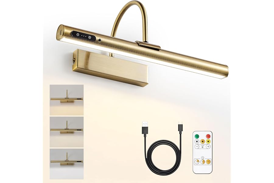 HARPER LIVING Picture Light for Wall Antique Brass, Rechargeable Picture Light with Remote, Dimmable & 3 Color Temps, Magnetic Battery Operated Wall Lights for Dartboard Frame Gallery