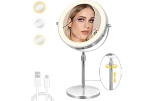Cuteefun Specchio Trucco con Luci, Specchio Ingranditore 10X Su Supporto, Altezza e Luminosità Regolabili, Rotazione a 360°, Specchio per Il Trucco Bifacciale Ricaricabile per Tavolo da Toeletta