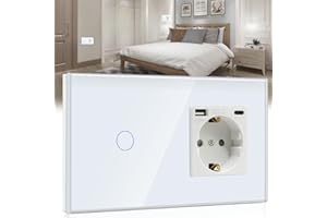 BSEED Interruptor con Enchufe USB,Schuko Enchufe con 1 Puerto Tipo C y 1 Puertos USB,1 Gang 2 Vías Interruptor de Luz con indicador LED,Blanco enchufes de extensión para Smartphone,Tableta,auriculares