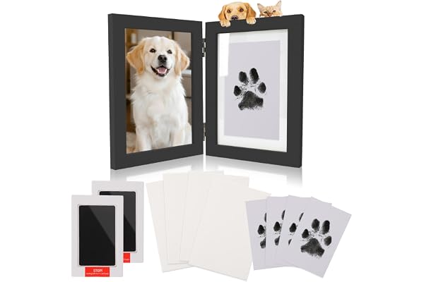 Kit Empreinte Chien Chat, Kit Empreinte Bébé de 0 à 6 Mois, Kit Empreinte Main Pied Bebe, Kits de Moulage et d’impression, Comprend 2 Tampons Sans Encre et 4 Cartes à Imprimer et 1 Cadre Photo