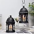 JHY DESIGN Set of 2 Decorative Candle Lanterns 21.5 cm High Vintage Hanging Candlestick Metal Candelabra Tealight Holder for Indoor Outdoor Events Parities Table Weddings Pathway Jungle Tree (Black)