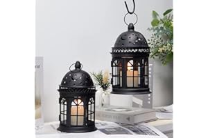 JHY DESIGN Juego de 2 Farolillos Decorativos para Velas de 21 cm de Alto Portavelas Colgantes de Metal Vintage para Interiores Exteriores Eventos Paridades Mesa Bodas Camino Jardín (Negra)
