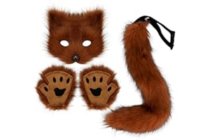 DRESHOW Cola de Zorro de Piel Sintética Peluche Gato de Lobo Máscara Disfraz de Fiesta de Halloween Guantes de la Pata Cosplay Set para Mujeres
