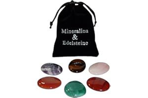 JANNI-SHOP-TROMMELSTEINE Starter Set Edelsteine Heilsteine 6 Stücke flache Auflegesteine Handschmeichler ca. 30-40 mm in Samtbeutel